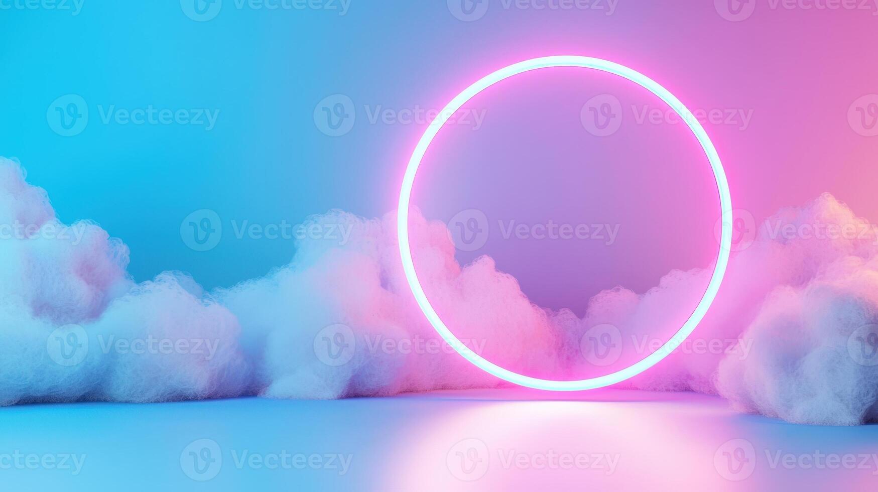 3d abstract frame Neon circular glow radiating through dreamy cloudscape, blending blue pink gradient with surreal luminescent ambiance background photo
