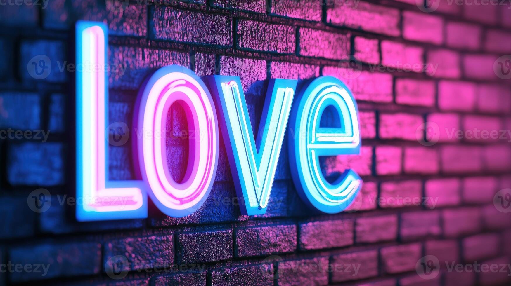 Glowing 3d neon love valentine sign illuminating weathered brick wall, radiating vibrant pink blue romantic passion photo