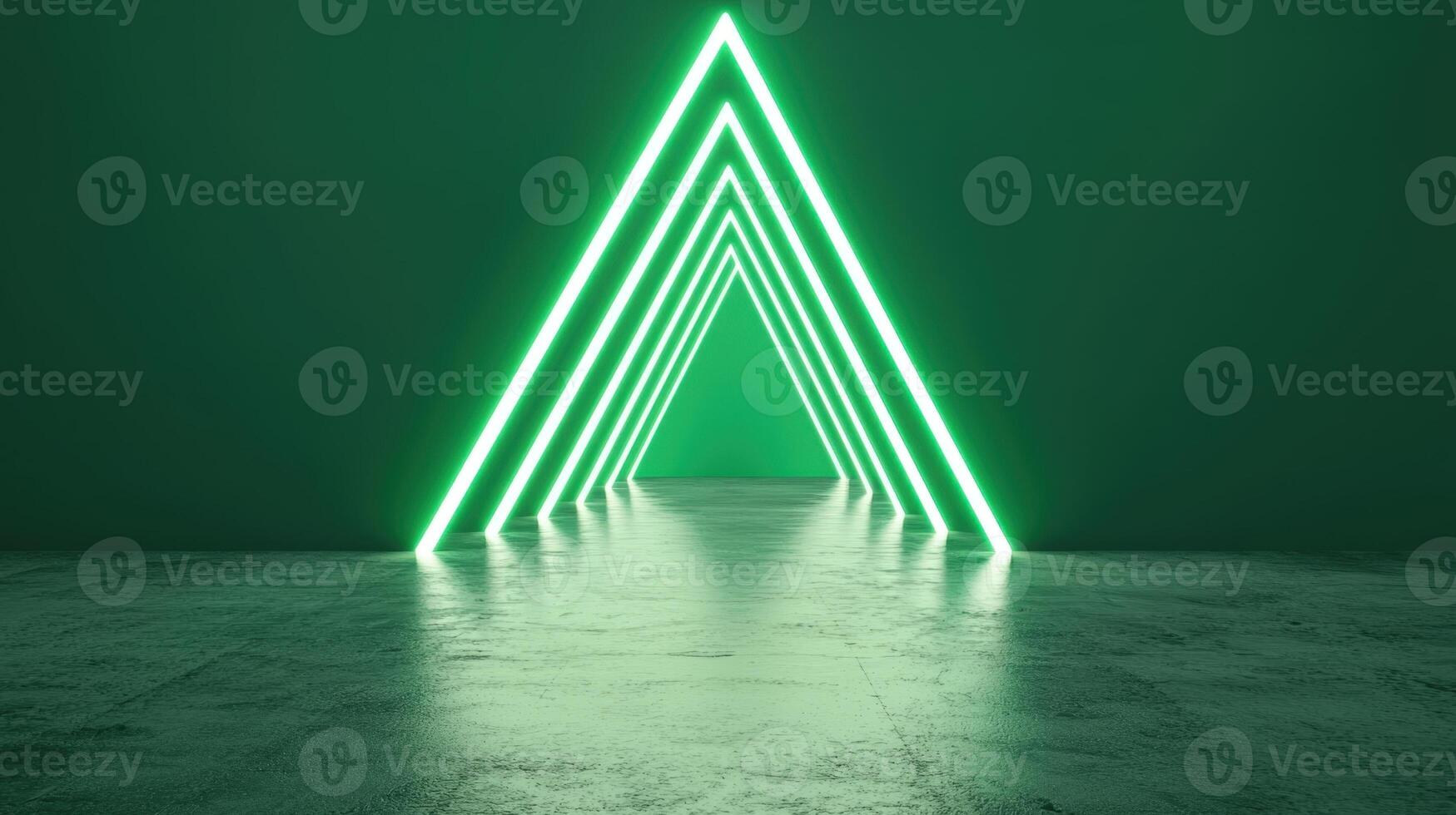 3d Glowing Abstract green neon triangles futuristic tunnel with reflective metallic surface background photo