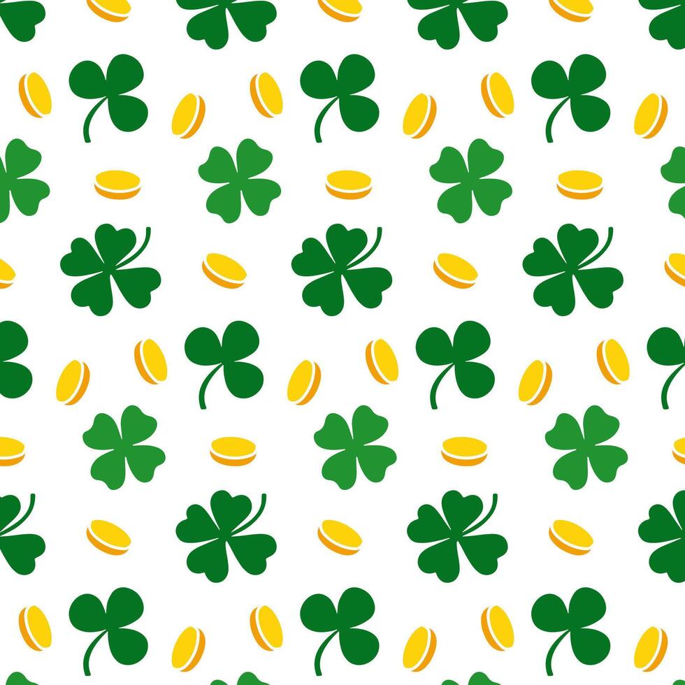 Seamless pattern with gold coins and shamrocks in a random arrangement. Colorful flat design for St. Patricks Day decorations and backgrounds. vector