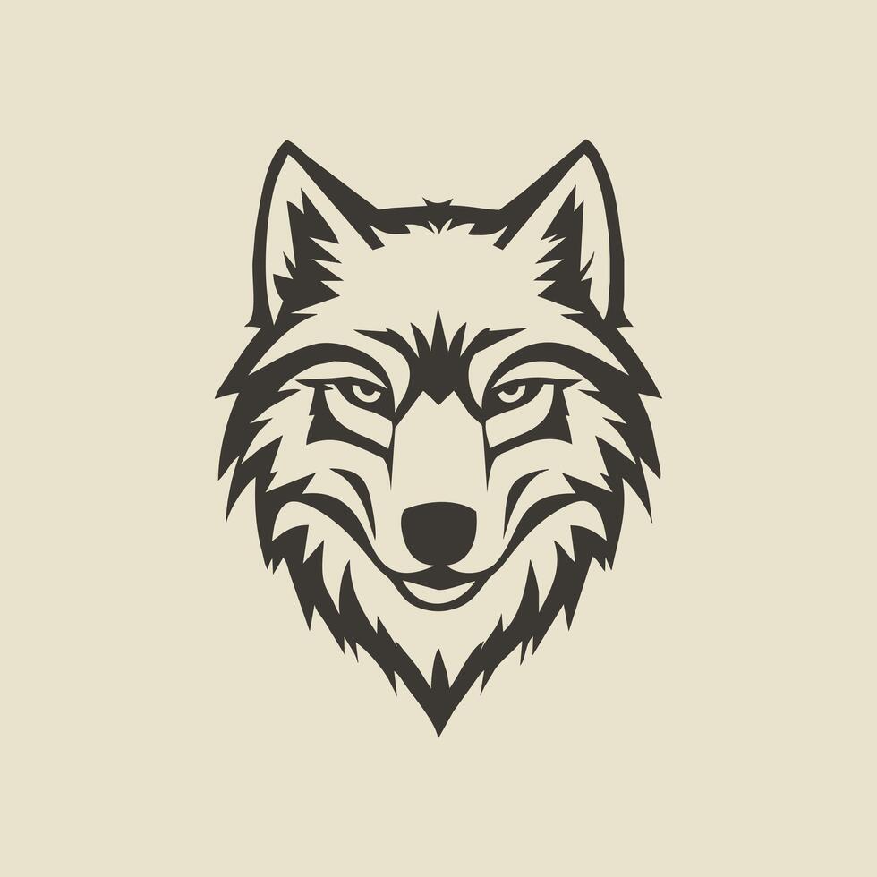 Illustration of wolf's face, sharp and angular features, bold yet clean black lines, symmetrical design, centered on a solid white background vector