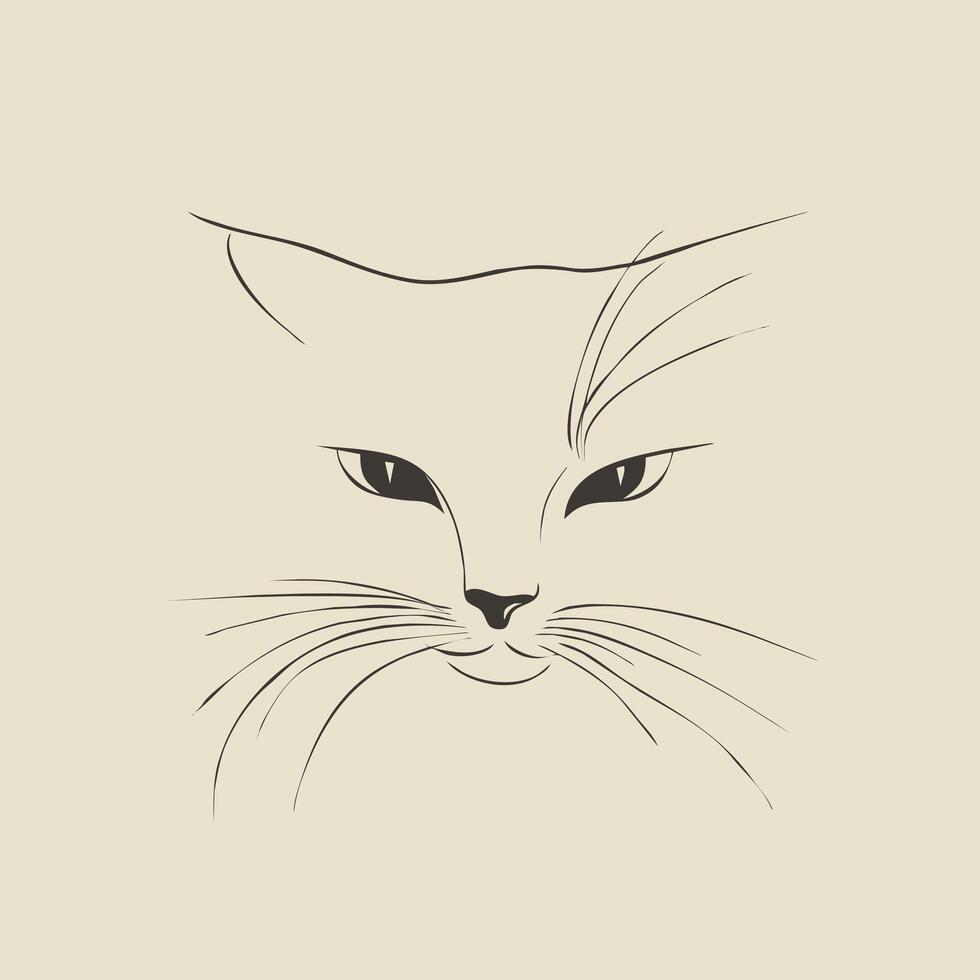 Illustration of Flat line art illustration of a cat's face, whiskers emphasized with clean strokes, triangular nose, almond-shaped eyes, simple yet expressive, white background vector