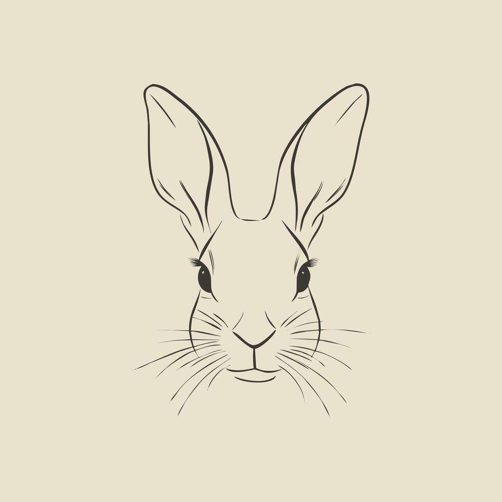 Illustration of rabbit's face in a flat minimalist style, gentle curves and sharp details, clean and symmetrical black lines, solid white background vector