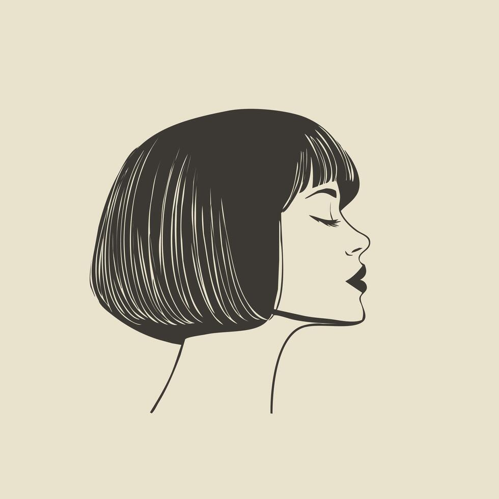 line art illustration of a womans sleek bob haircut, clean black lines, elegant and modern, centered on a white background vector
