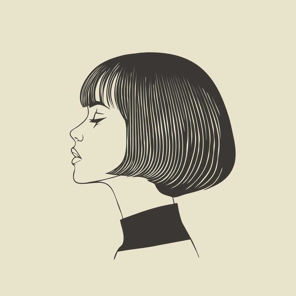 line art illustration of a womans sleek bob haircut, clean black lines, elegant and modern, centered on a solid white background vector