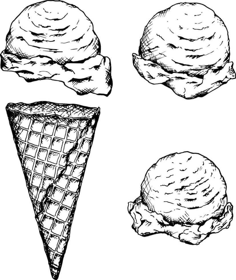 Hand drawn ink illustration of an ice cream cone with scoops. Sketchy style frozen dessert clipart for cafe menus, bakery packaging, ice cream shop branding, summer prints and recipe books vector