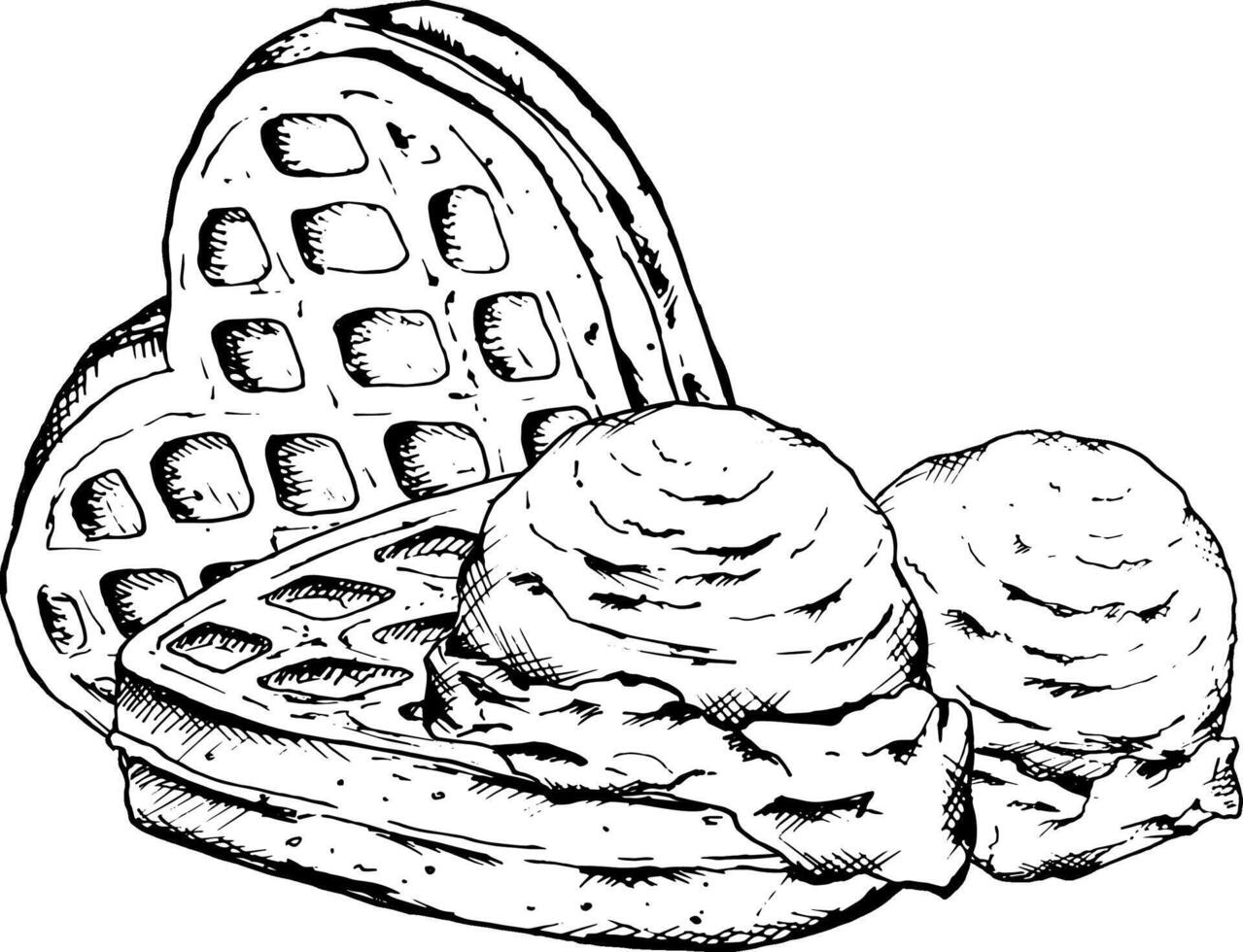 Hand drawn ink illustration of heart-shaped waffles with scoops of ice cream. Classic breakfast and dessert clipart for cafe menus, confectionery packaging, bakery branding and sweet treats vector