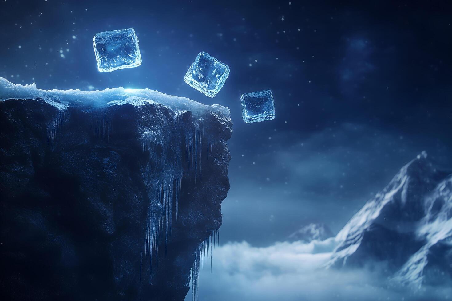 Ice cubes falling off a frozen cliff at night. photo