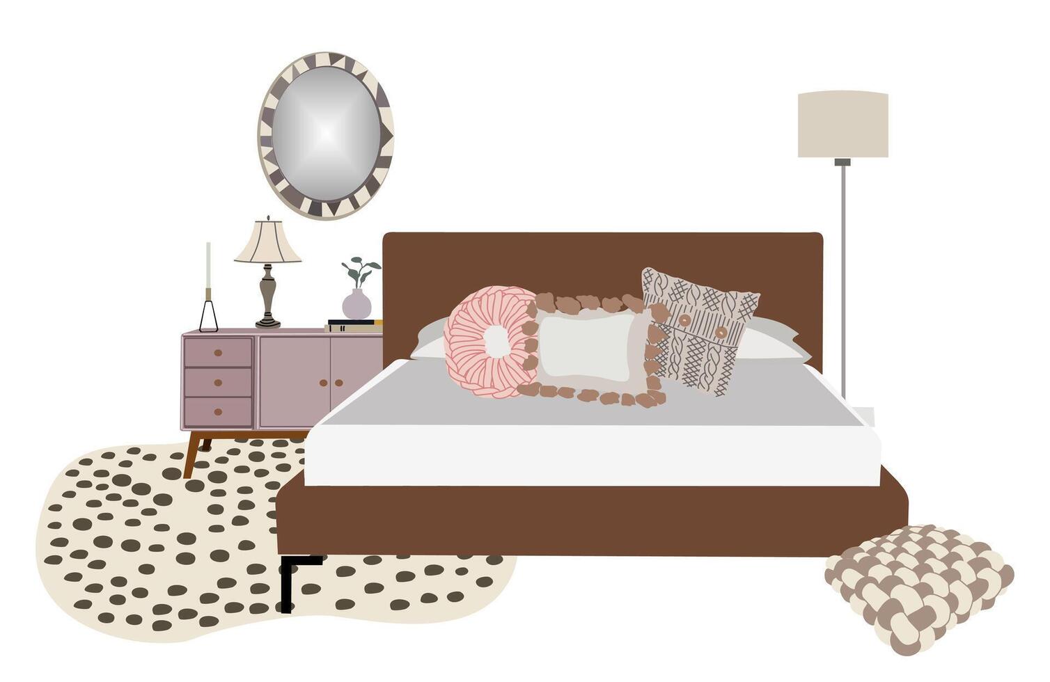 A bedroom with a bed, a mirror and a rug vector