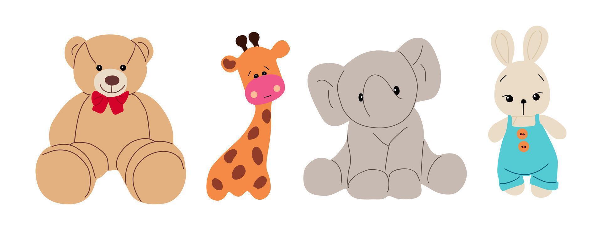 A group of stuffed animals, including a giraffe, elephant, and a bear vector