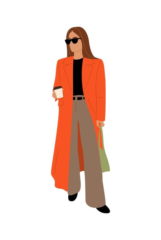 A woman in an orange coat and sunglasses holding a coffee vector