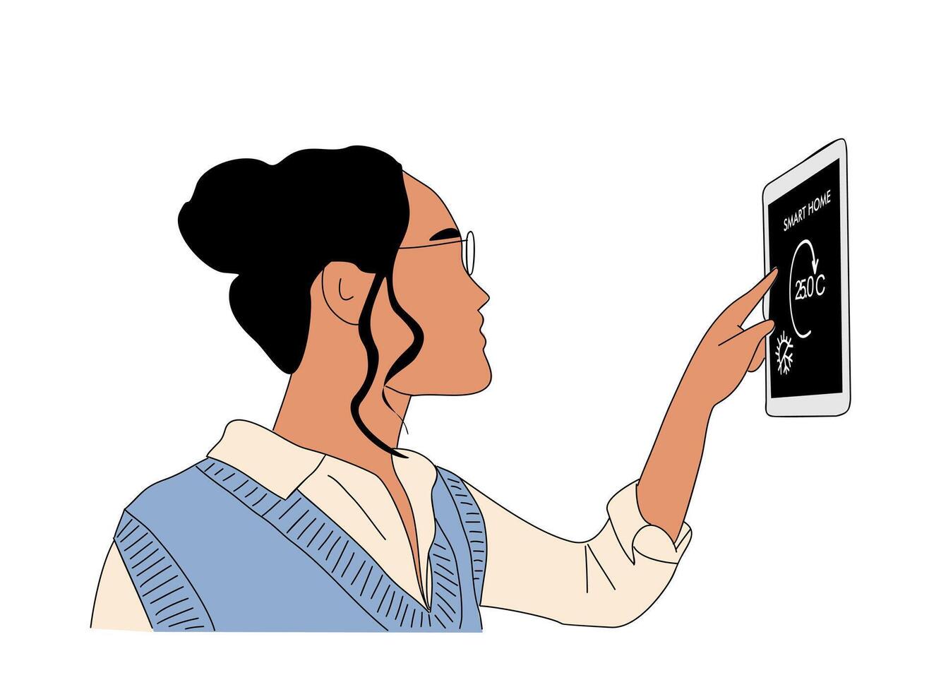 A woman holding a tablet computer with a blackboard on it vector