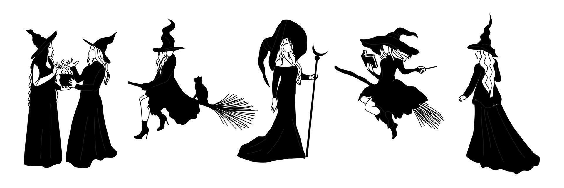 A set of silhouettes of witches in black and white vector