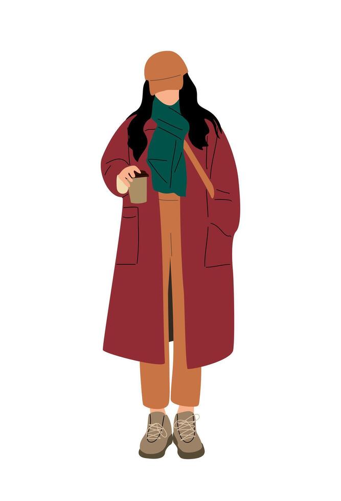 A woman in a red coat and scarf holding a cup vector