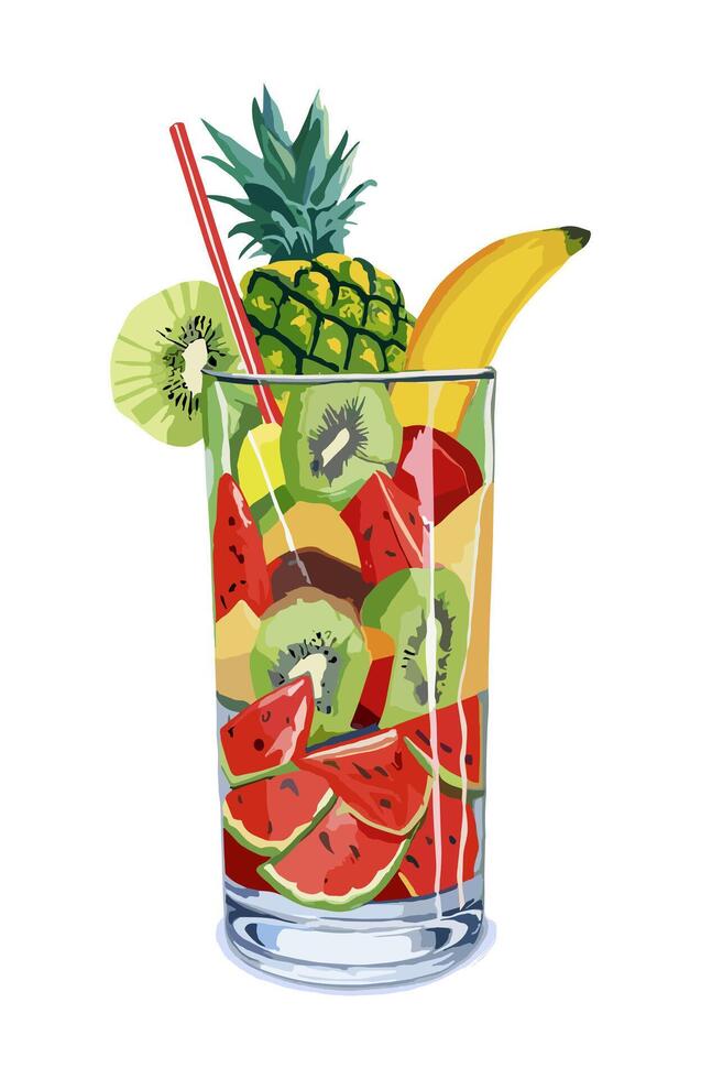 A glass of fruit cocktail with a straw and a slice of watermelon vector