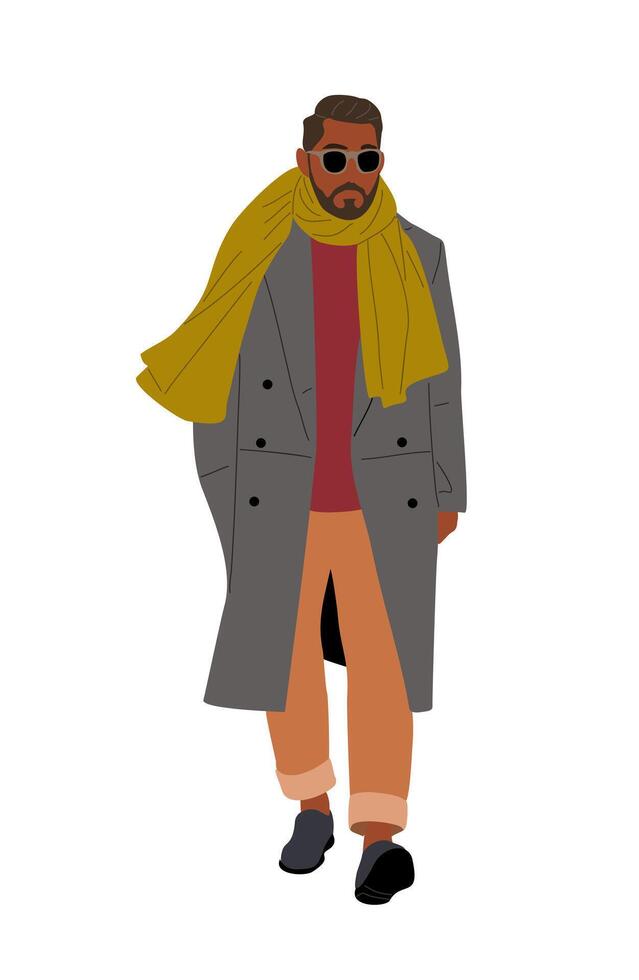 A man in a coat and scarf walking vector