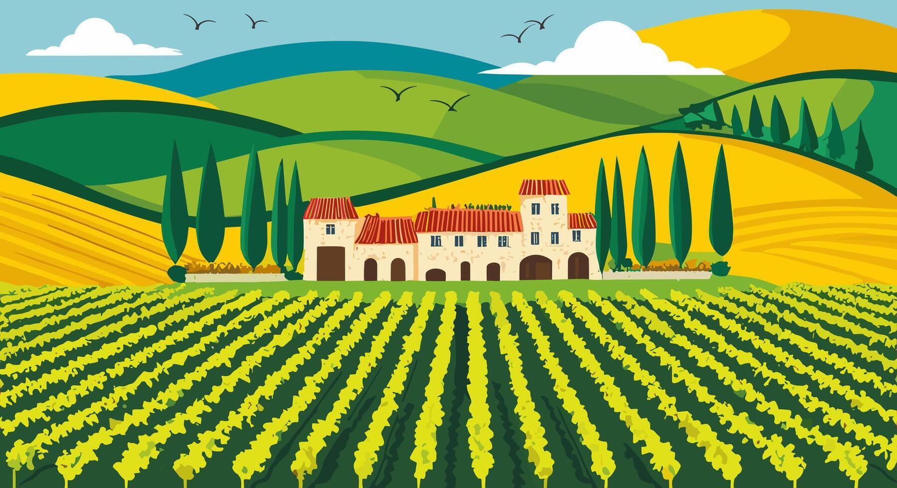 An illustration of a vineyard and a house vector