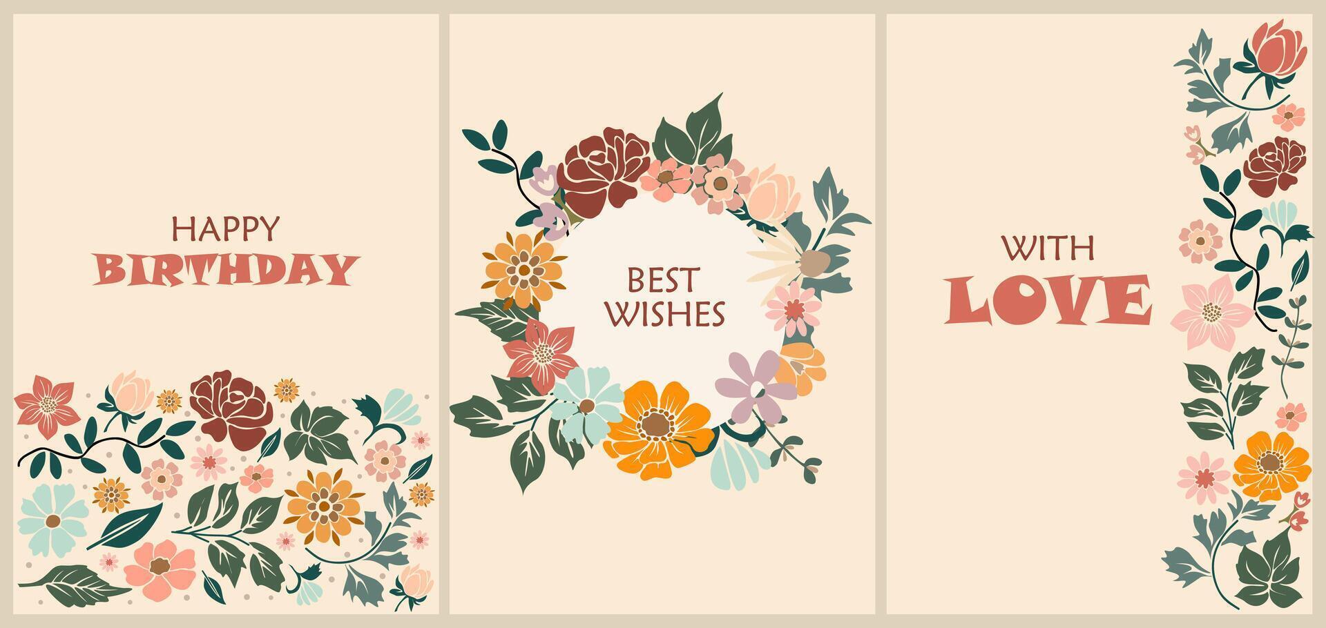 Three birthday cards with flowers and the words best wishes vector