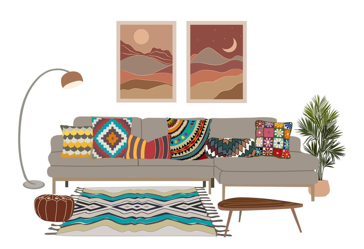 A colorful living room with a couch, rug, lamp and pillows vector