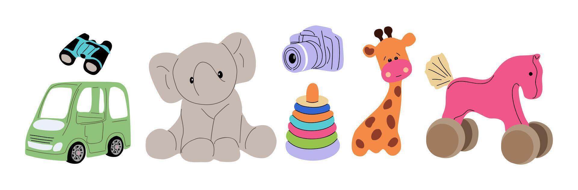 A group of toys including a giraffe, elephant, car, and elephant vector