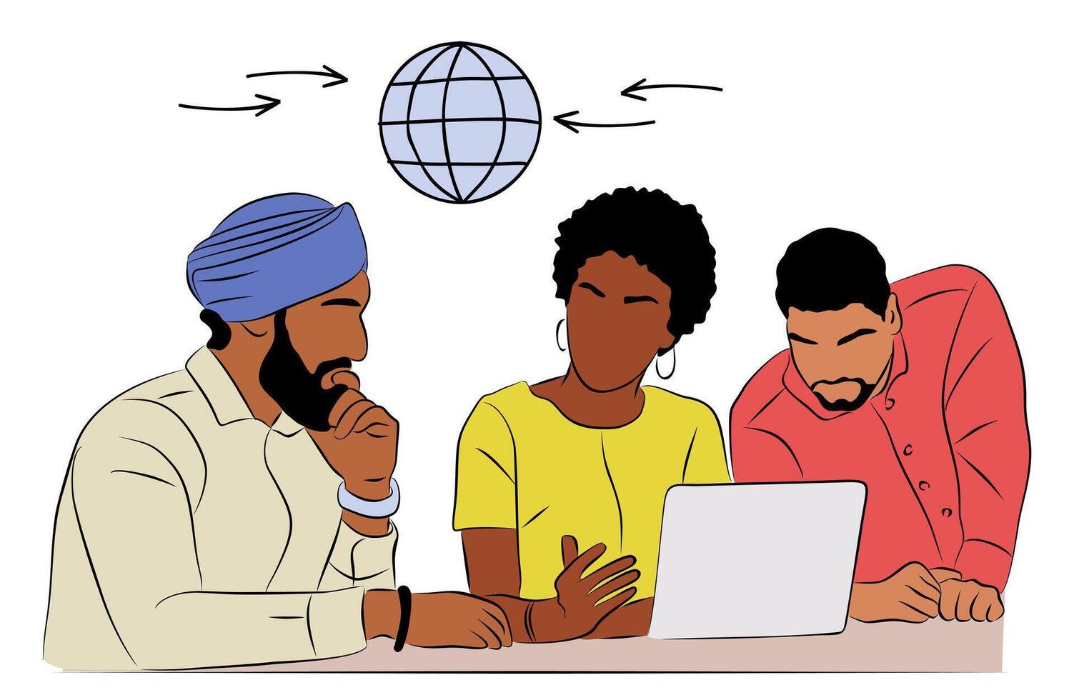 Three people are working on a laptop with a globe on the screen vector