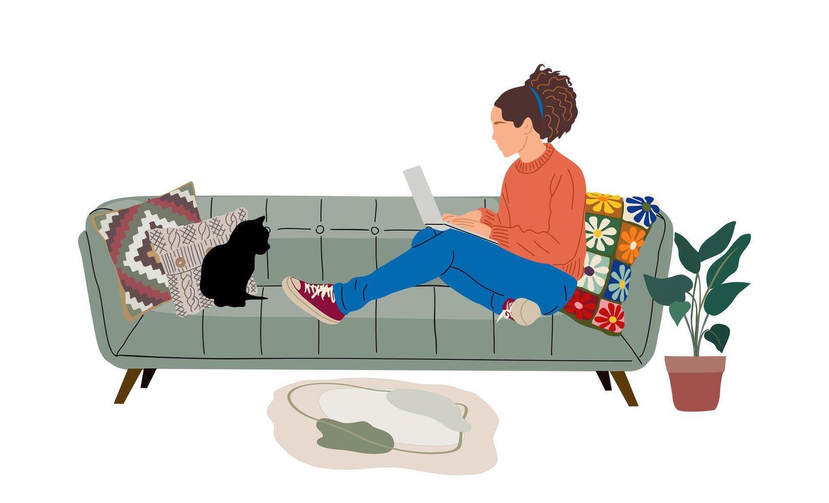 A woman sitting on a couch with a cat on her lap vector