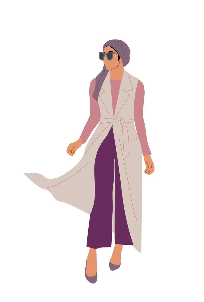 An illustration of a woman in a long coat and purple pants vector