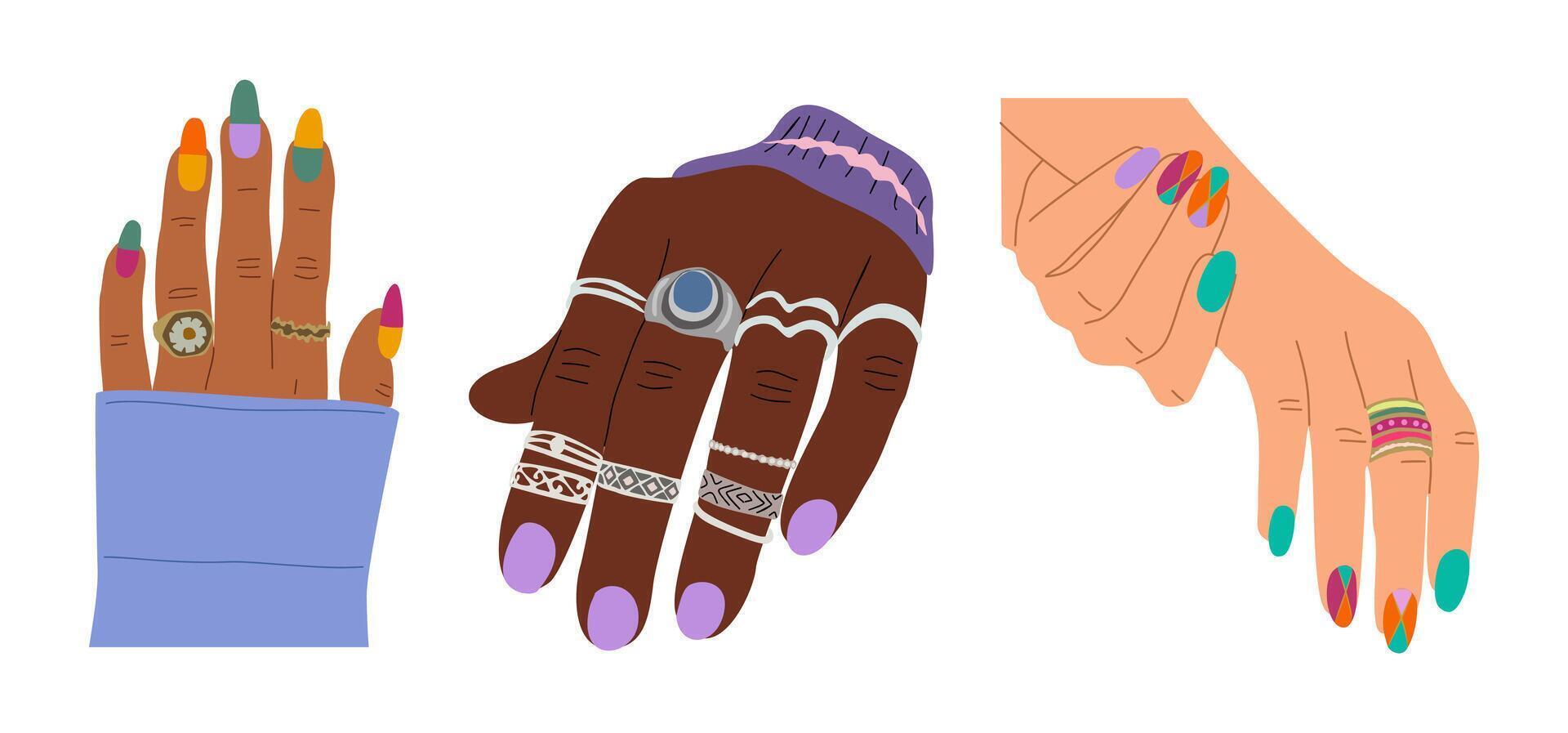 Three different colored hands with different nail designs vector