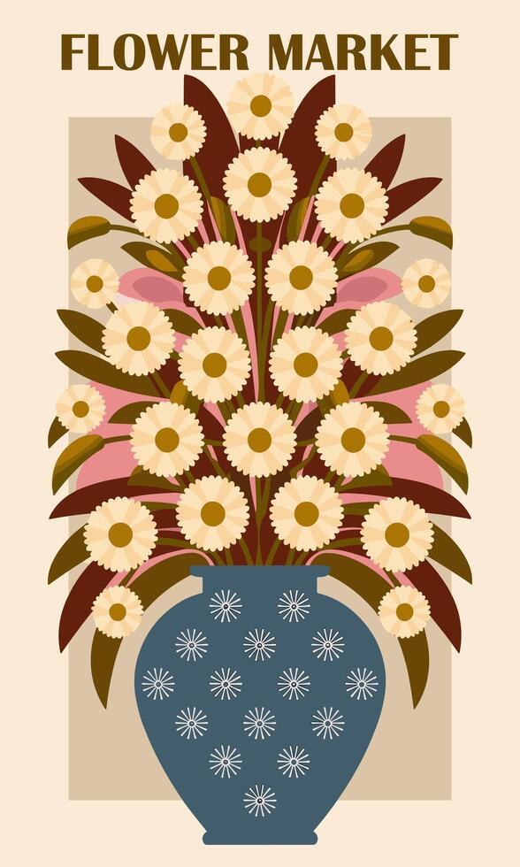 A flower market poster with a vase of flowers vector