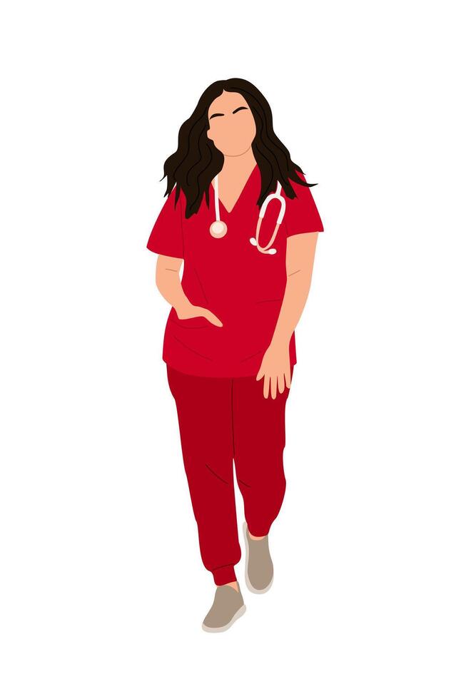 A cartoon woman in red scrubs walking vector
