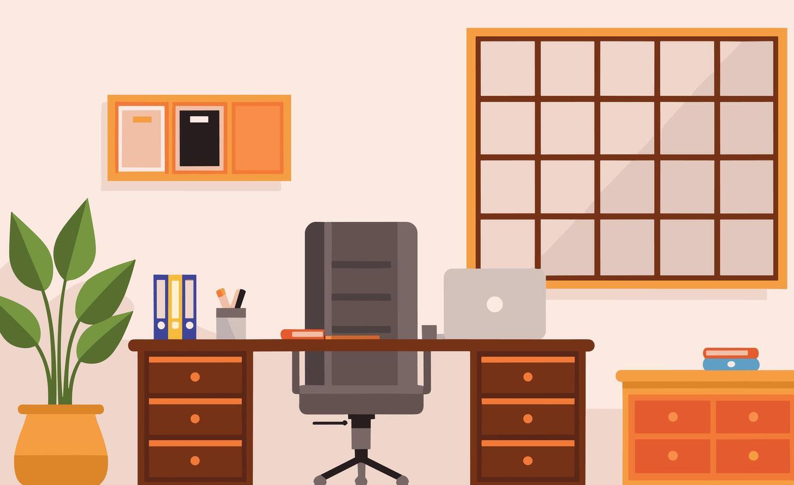 Office interior with desk, chair, and window vector