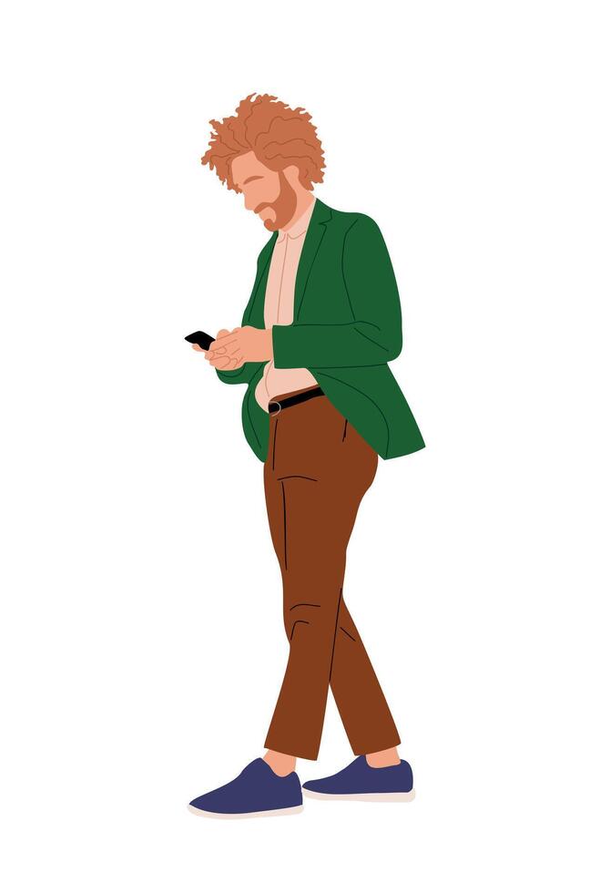 A man in a green jacket and brown pants is looking at his phone vector
