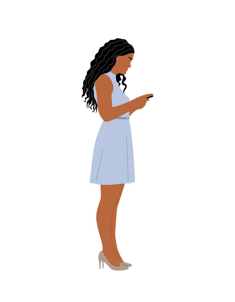 An illustration of a woman in a dress looking at her phone vector