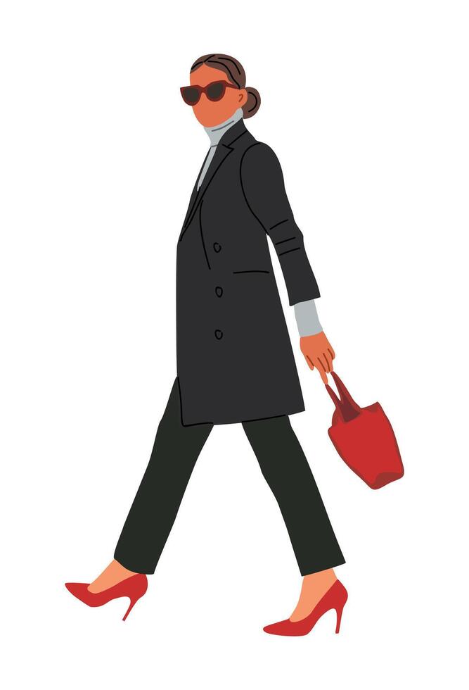 A woman in a suit and sunglasses walking with a red bag vector