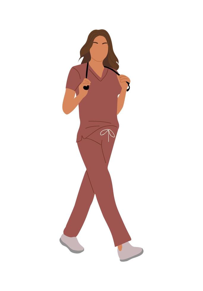 A woman in scrubs walking with a stethoscope vector
