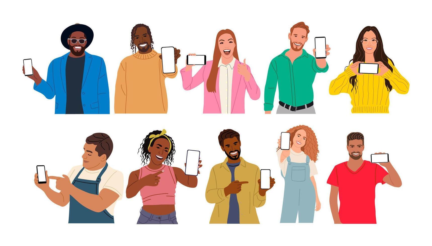 People holding smartphones and showing different expressions vector