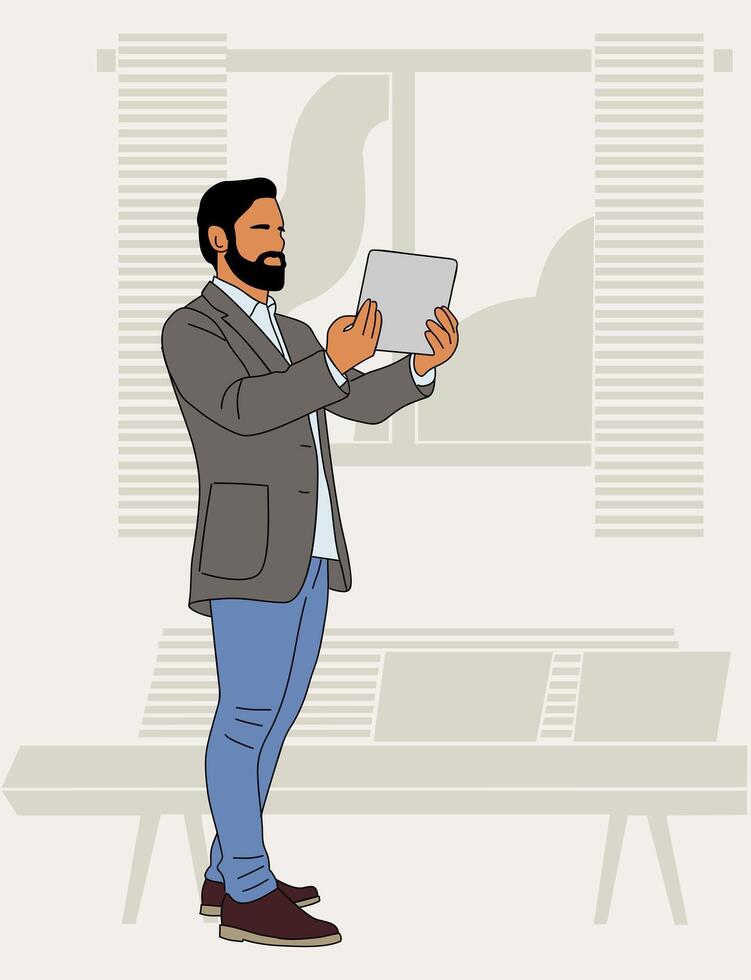 A man with a beard and a tablet computer vector