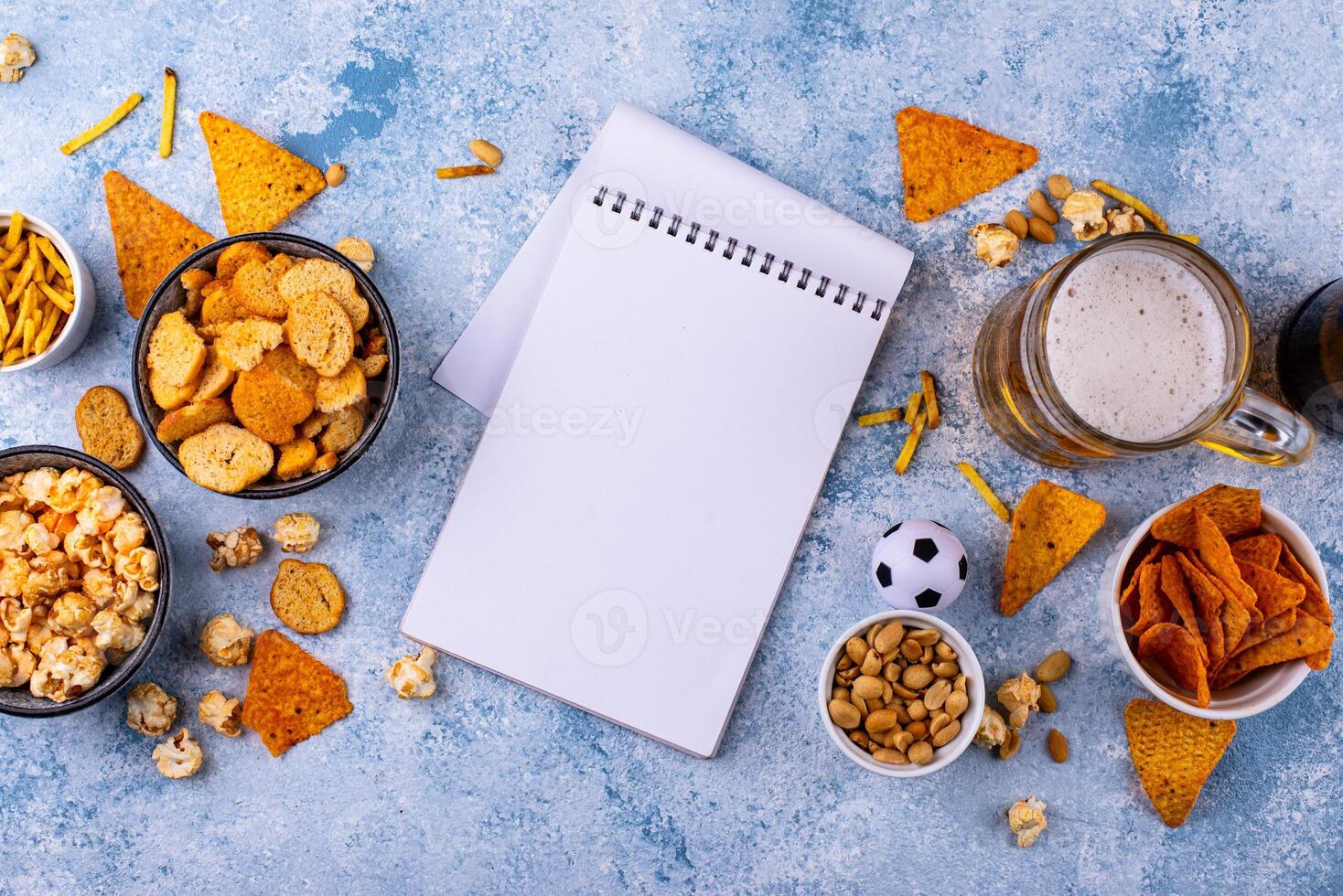 Beer and different snacks for Superbowl or football party photo