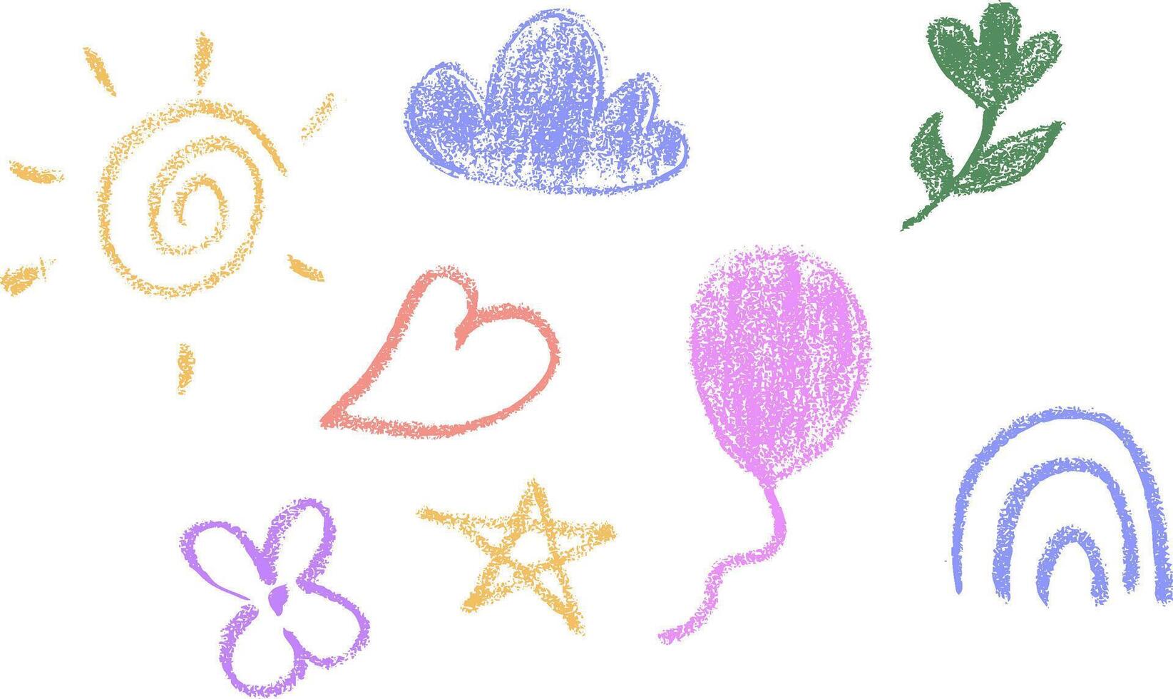 Hand drawn various shapes and doodle object. Set of colorful crayon scribbles isolated on white vector