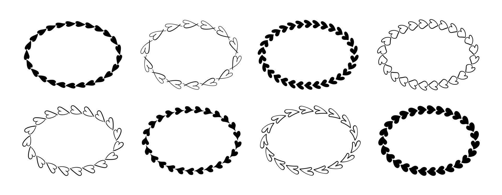 Love hand drawn oval frames with black Hearts. Set of doodle romantic element textboxes Valentine's day Empty borders for text. vector