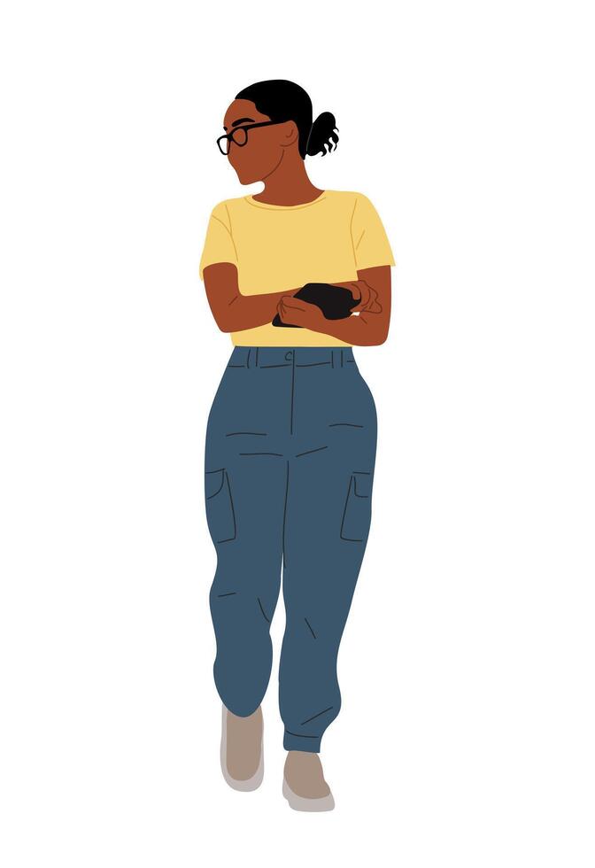 An illustration of a woman in blue jeans and a yellow shirt vector