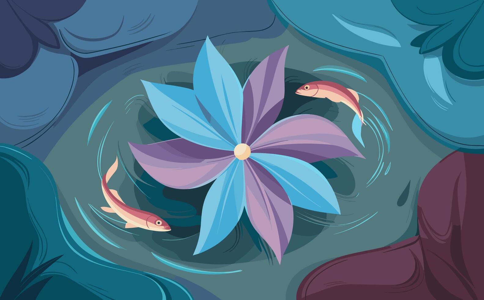 illustration of a flower and fish in the water vector