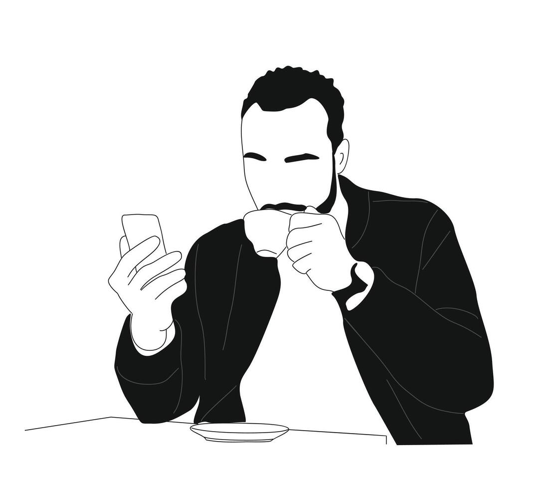 A man is drinking coffee and using his phone vector