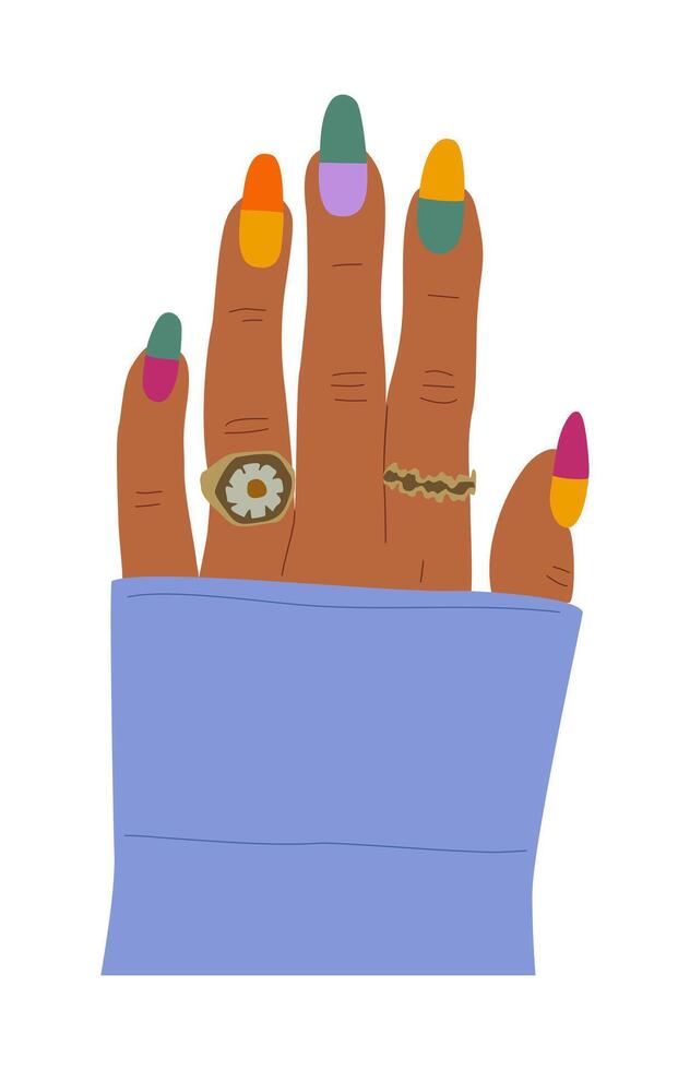 A woman's hand with colorful nails and rings vector