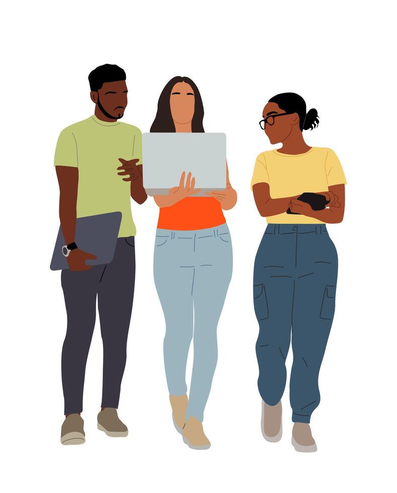 Three people standing together with a laptop vector