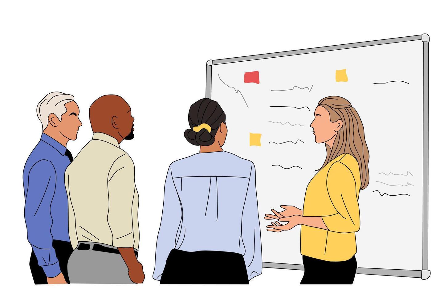A group of people standing around a whiteboard vector