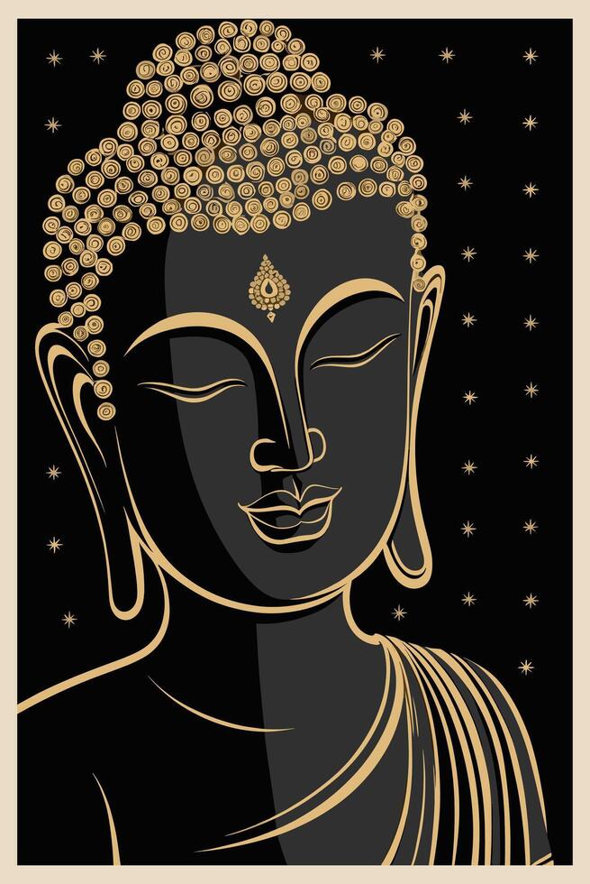 Buddha statue on black background with gold stars vector