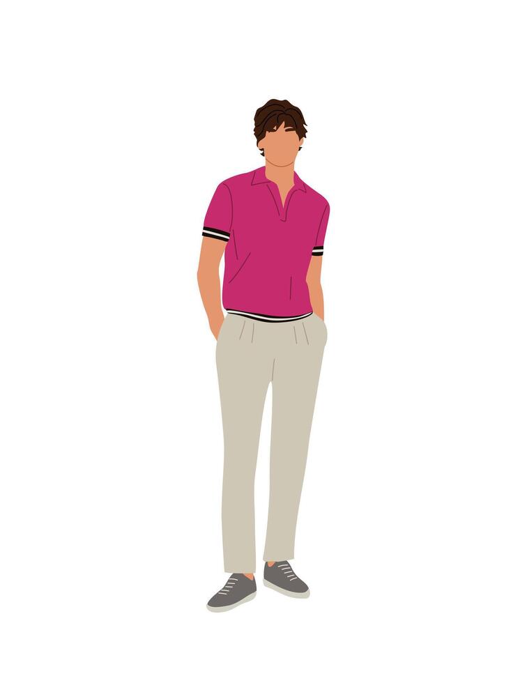 A man in a pink polo shirt and khaki pants vector