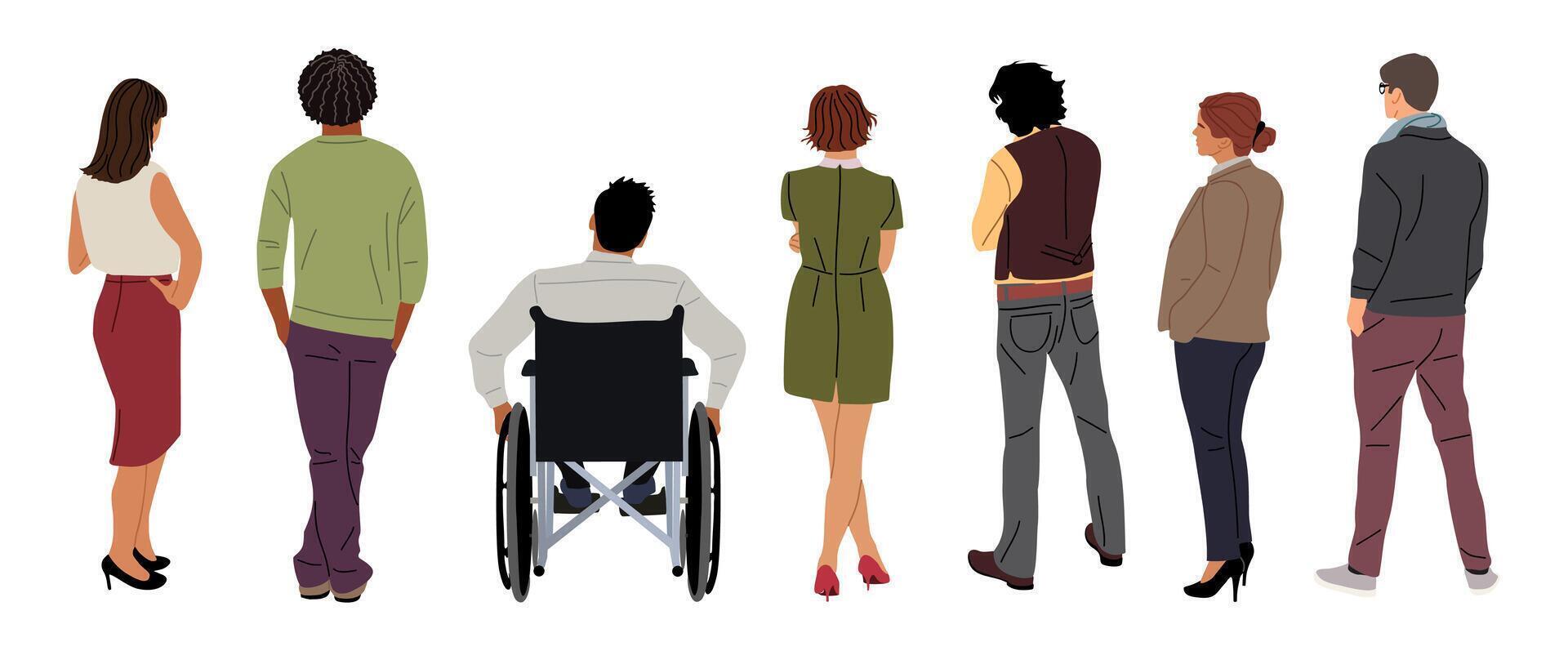 A group of people in wheelchairs and standing vector
