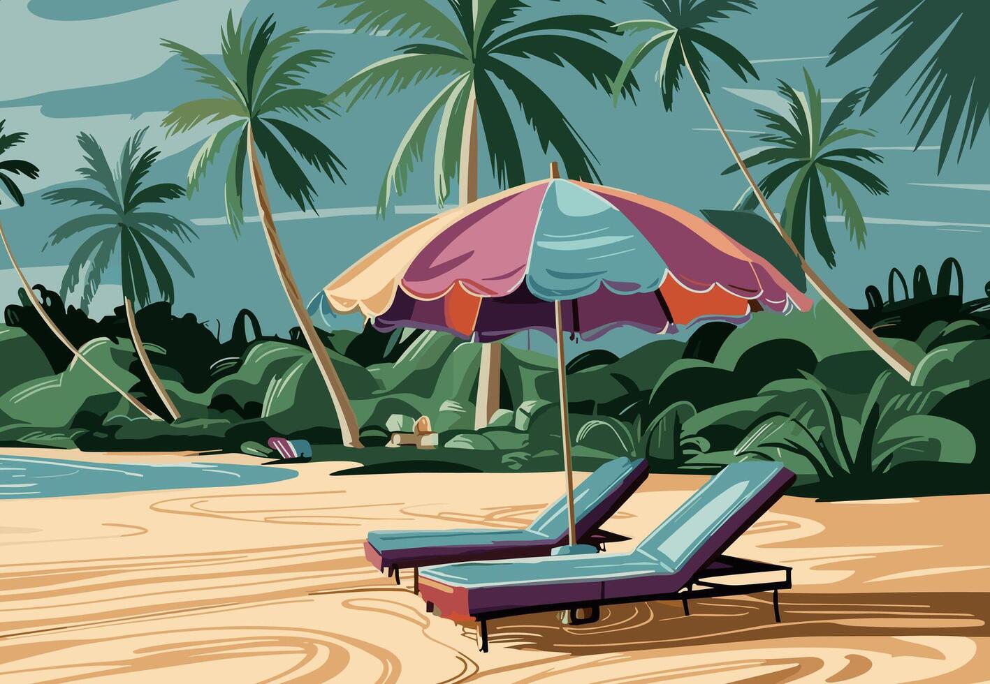 Tropical beach with palm trees and umbrellas vector